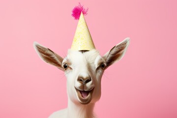 Obraz premium beautiful portrait of happy white goat in a party hat on pink background. Birthday celebration concept