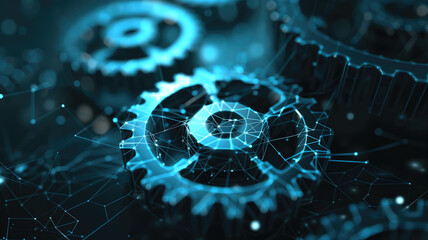 Abstract 3D gears on dark background. Concept of gear mechanics and cog mechanics. Digital polygonal mesh with points, lines and shapes. mechanical engineering wireframe. Generative AI