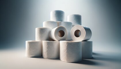 Toilet paper rolls white color stacked close up view