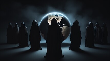 Generative Ai of Cloaked Figures Encircling a Lit-up Globe Concept for Mysterious Global Influence, Elite Power Circles, and Occult Rituals