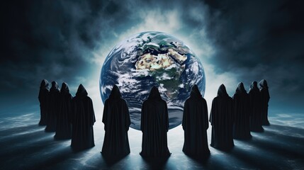 Generative Ai of Shadowy Figures Before a Glowing Earth Concept for Global Control Strategies, Secret Society Dominance, and Illuminati Symbolism
