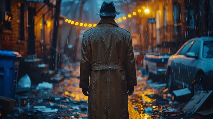 Obraz premium City Detective Solving Crime: Examining Clues in Alley Scene