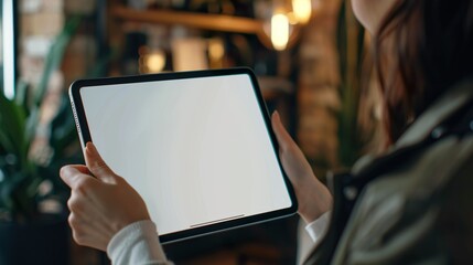 Close-up of a female hand tapping on a blank screen of an iPad made with Ai generative technology