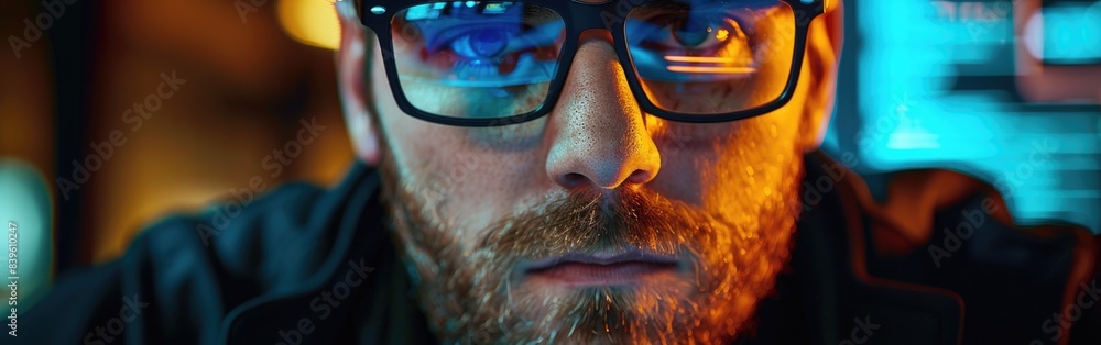 Poster an american man wearing glasses intently analyzes data on a computer screen, illuminated by the glow