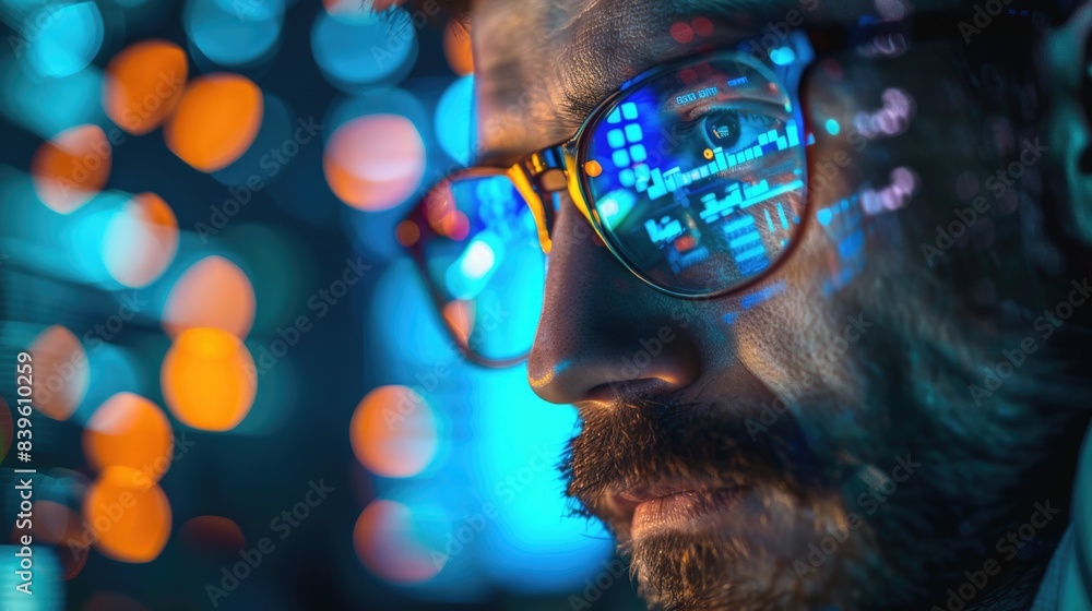 Poster close-up of an analysts face, reflecting the glow of a computer screen, intently analyzing data
