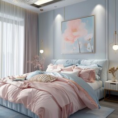 A bedroom with a pink and blue bedspread and pink pillows