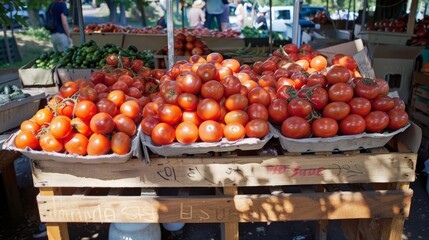 A farmer's market stall piled high with ripe tomatoes, inviting customers to savor the taste of summer
