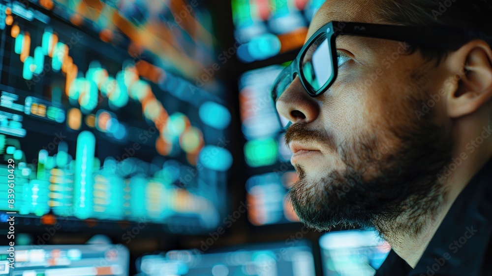 Poster a stock broker concentrates on financial data displayed on multiple monitors in a dimly lit trading 