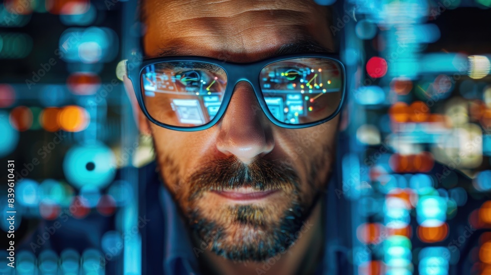 Poster close-up of a man wearing glasses with computer screens reflecting data, surrounded by colorful ligh