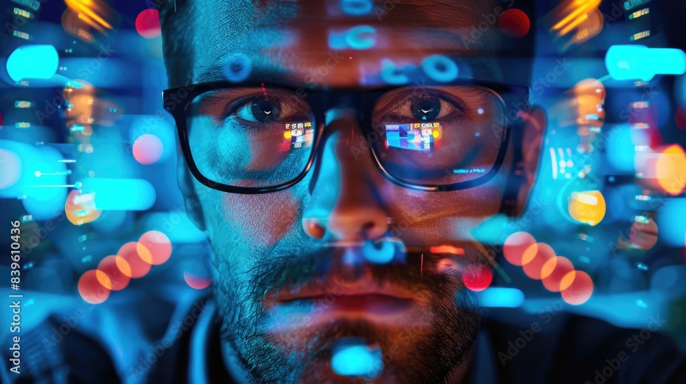Aufkleber a stock broker wearing glasses intently studies data on a computer monitor, illuminated by the glow 