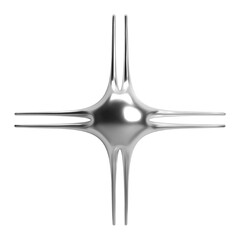 3d chrome abstract star shape with elongated points. Shiny metallic silver surface in y2k futuristic style. Isolated vector element for retrofuturistic, cosmic, celestial, sci-fi designs