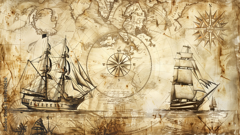 Wall mural Abstract background on the theme of travel, adventure and discovery. Old hand drawn map with vintage sailing yachts, wind rose, routs, nautical symbols and handwritten inscriptions