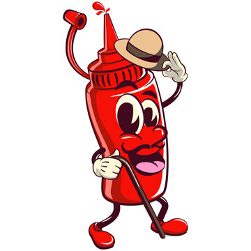 recommend clip art: vector vintage illustration of cute ketchup bottle mascot character carrying a stick and saluting with raised hat, work of hand drawn