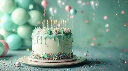 Delicious green birthday cake with candles on a green background with balloons and space for text