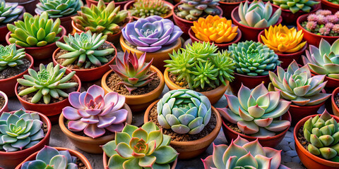 Various succulents in pots. Top view.