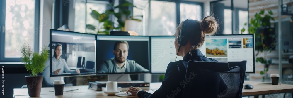 Poster a professional remotely conducts a video call conversation with a colleague using modern technology.