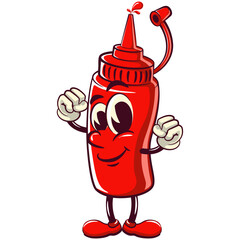 vector vintage illustration of cute ketchup bottle mascot character be healthy and strong enough to become a champion, work of hand drawn