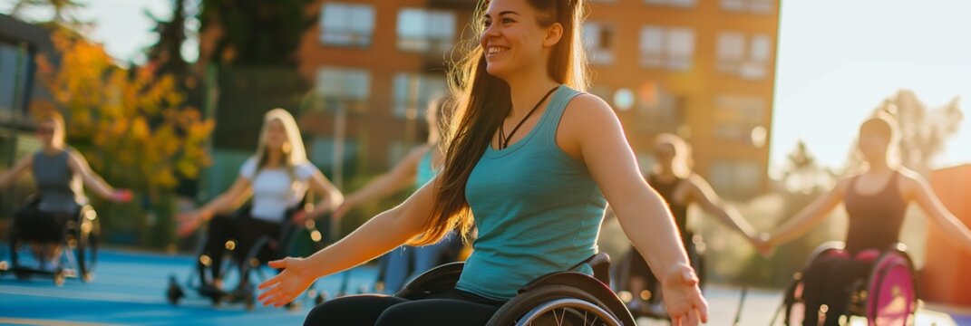 A group of friends training together in a wheelchairs outdoor, finding enjoyment in fitness and vitality.