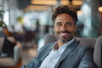 Fototapeta premium Man in business attire sits chair lobby smiling