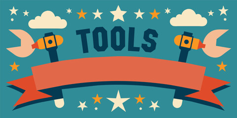 Vibrant vector illustration celebrating labor day, featuring cartoon tools, stars, and a bold banner, ideal for recognizing the contributions of workers and the spirit of the holiday
