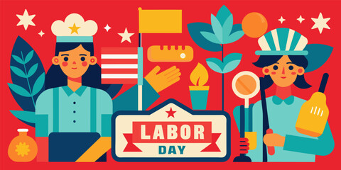 Illustration honoring labor day with diverse workers, including a healthcare professional and builder, representing unity and pride among employees with banners and symbols of different professions