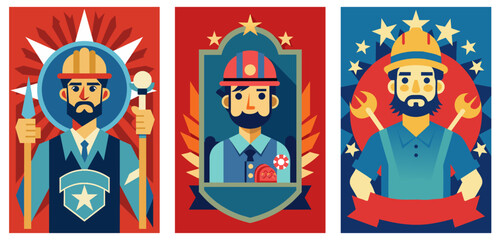 Fototapeta premium Vibrant set of three posters celebrating labor day with stylized illustrations of a worker, builder, and employee in patriotic colors, perfect for honoring the spirit of hard work and dedication