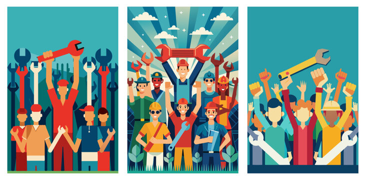 Three stylized posters portraying the solidarity and pride of workers from various sectors, commemorating labor day with tools of their trades uplifted in a vibrant and inspirational display