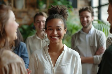 Obraz premium Happy woman in white shirt with group
