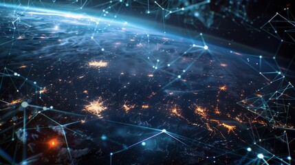 Fototapeta premium A global network of telecommunications infrastructure including satellites, towers, and fiber optic cables, enabling connectivity