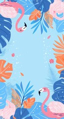 A flat design background with blue, pink and orange tones, featuring cartoon style illustrations of flamingos and tropical leaves