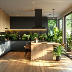 Fototapeta premium A kitchen with a counter and a plant on it