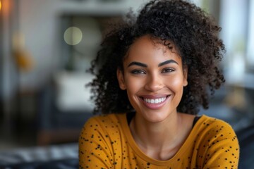 Fototapeta premium Curly-haired woman in yellow shirt on couch smiling