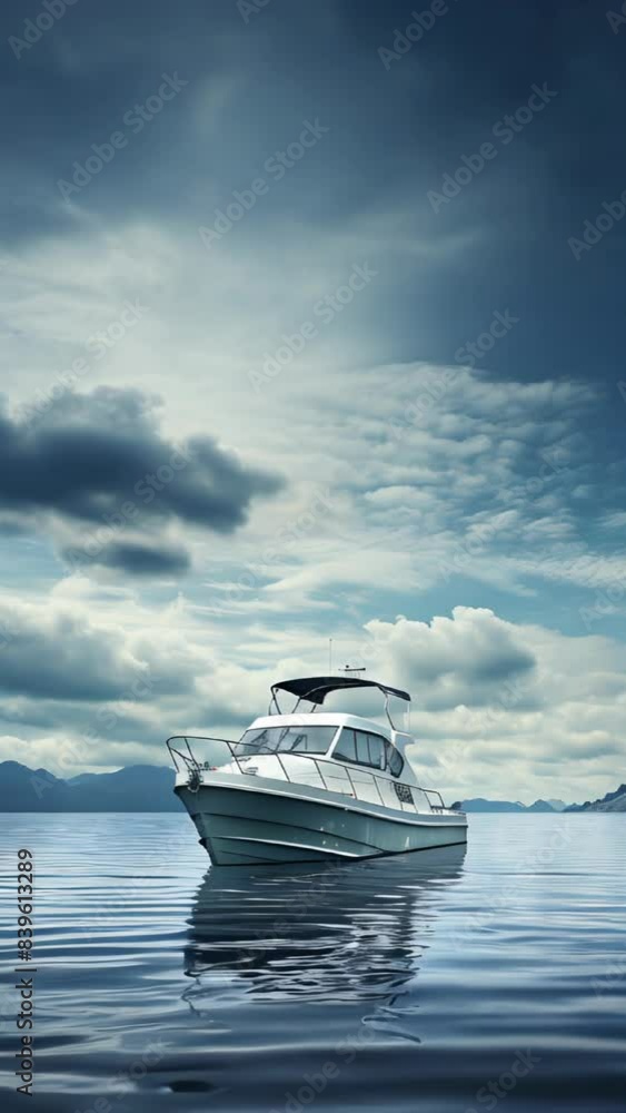 Poster a small boat is floating on a lake with a cloudy sky in the background. scene is calm and peaceful, 