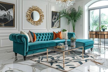 A stylish Hollywood Regency living room with white walls and a polished marble floor The room features a teal velvet sofa with gold and cream cushions