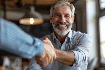 Two men smiling while shaking hands in a diner