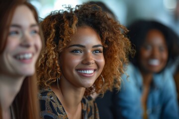 Fototapeta premium Curly haired woman smiling beside other women