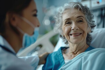 Obraz premium Woman in hospital bed smiles, nurse in background