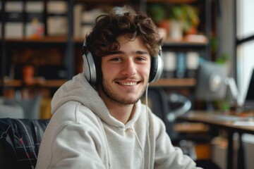Obraz premium Happy male in headphones at computer