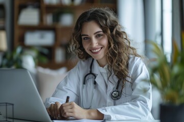Female scientist in white lab coat using laptop at desk