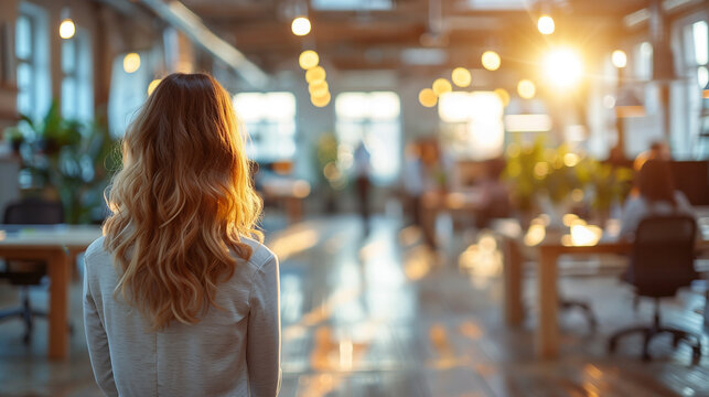 Rear view of woman in office, blurred background. First day of work in new company or office. New staff, new employee. Copy space.