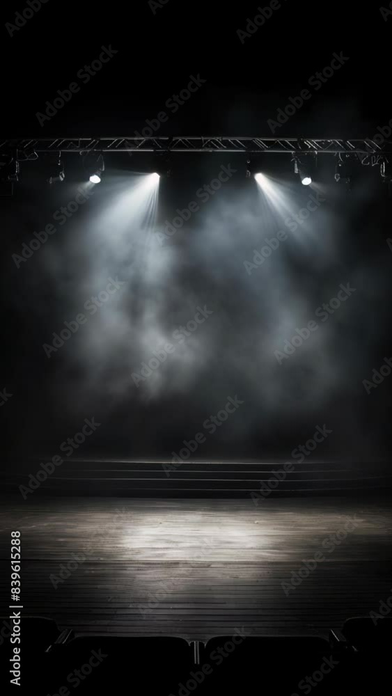 Poster a stage with a spotlight on it and a dark background. the stage is empty and the lights are on