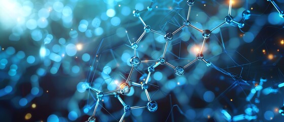 Molecular structure, blue background, light connections, scientific and modern