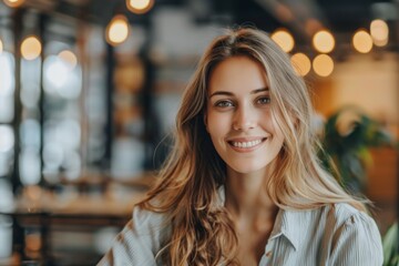 Obraz premium Cheerful lady with lengthy blond hair at eatery