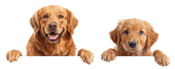 Golden retrievers hanging over/ peeking out a banner clipping path for website with copyspace