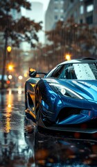 Futuristic Sport Car on the cityscape. Powerful acceleration of super cars on night tracks with colorful lights and tracks.