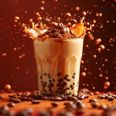 Photo of a glass of cream and coffee with coffee splash and coffee beans
