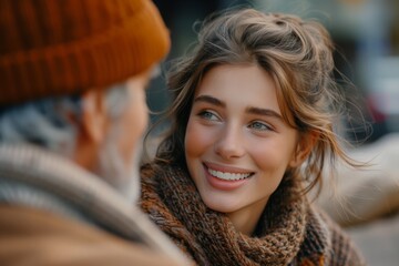 Obraz premium Happy woman in hat and scarf chatting with man in urban setting