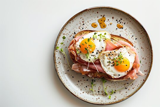 Gourmet Breakfast Toast with Fried Eggs and Prosciutto on White Background