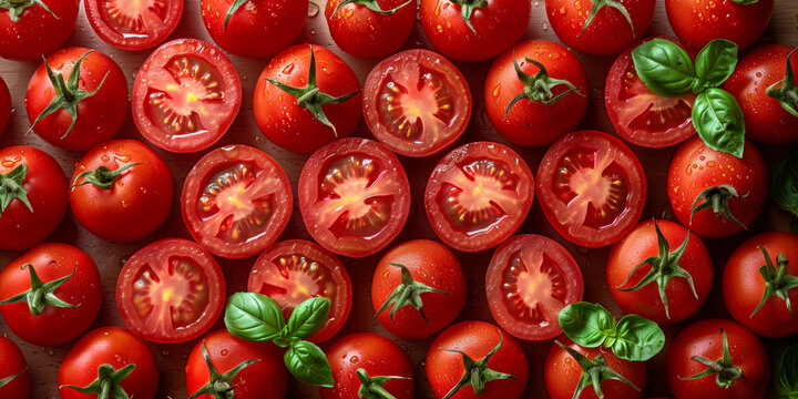 Fresh red tomatoes laying flat in an overhead view in a repeated pattern - Powered by Adobe