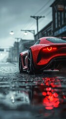 Futuristic Sport Car on the cityscape. Powerful acceleration of super cars on night tracks with colorful lights and tracks.